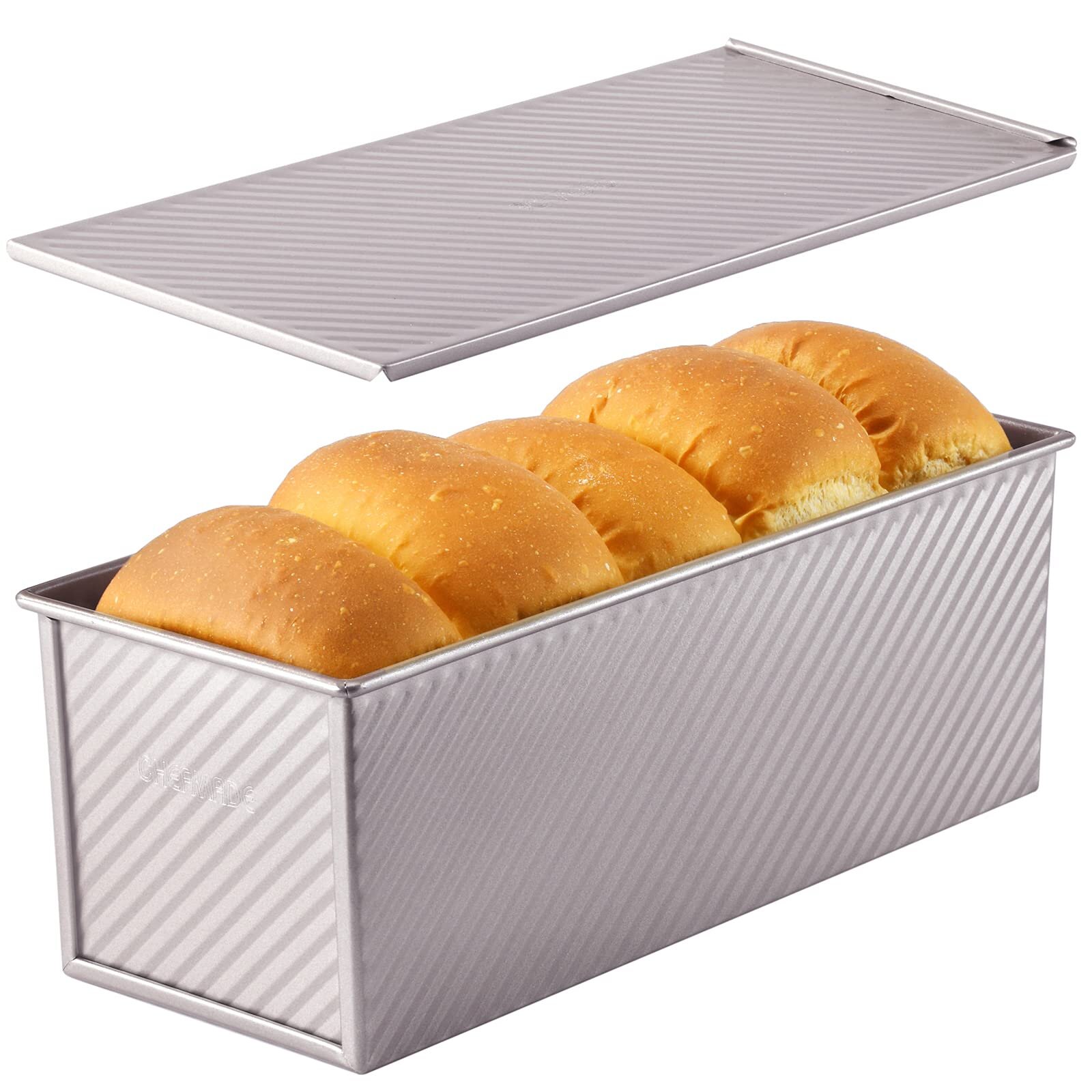 CHEFMADE Commercial Pullman Loaf Pan with Lid, 2.2lb Dough Capacity Non-Stick Rectangle Corrugated Toast Box for Oven Baking 4.8 x 12.8x 4.7 CHEFMA
