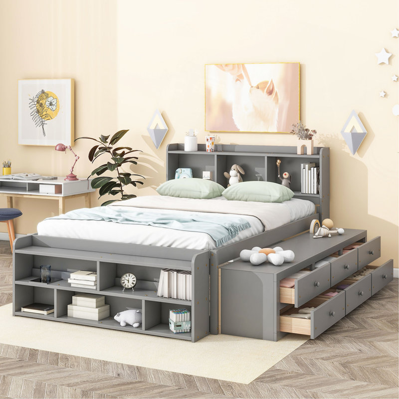 Lit double avec tête de lit bibliothèque, tiroirs de rangement sous le lit et étui de rangement, Grey