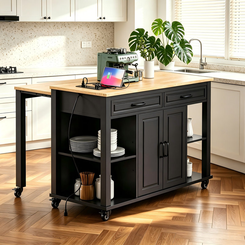 47 Inch Kitchen Island With Extendable Dining Table, Rubber Wood Veneer Top, Rolling Kitchen Cart With Power Outlet, 2 Drawers & Cabinet Storage