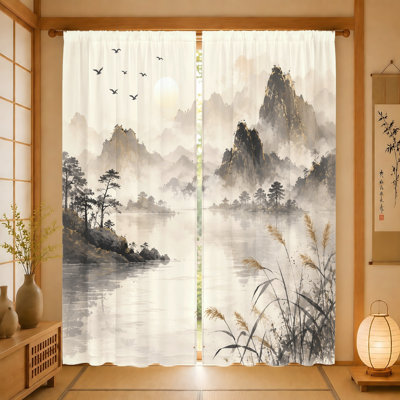 2Pcs Serene Landscape Curtains, Light Filtering Fabric, Misty Mountains and Birds Print, Sunshade Privacy Protection, Rod-Pocket Design, Suitable for Living Room, Bedroom, Balcony, Kitchen Home Decoration