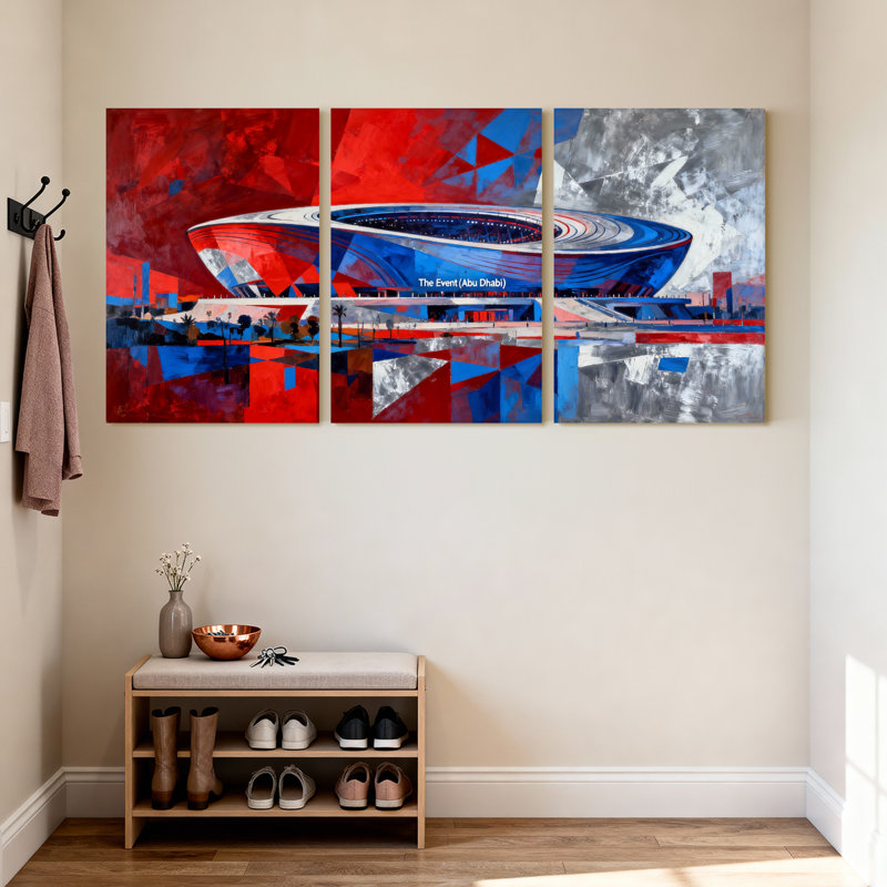 Cités et pays abstraits, art du stade, rouge, bleu, gris, ensemble de 3 impressions sur toile, H 18 po x l 36 po