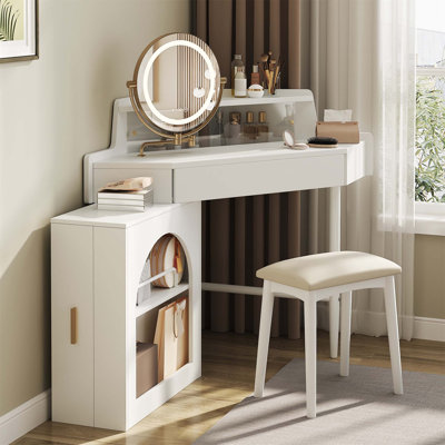Bureau de coiffeuse de coin avec lumières DEL réglables, miroir rotatif et espace de rangement spacieux pour les petits espaces