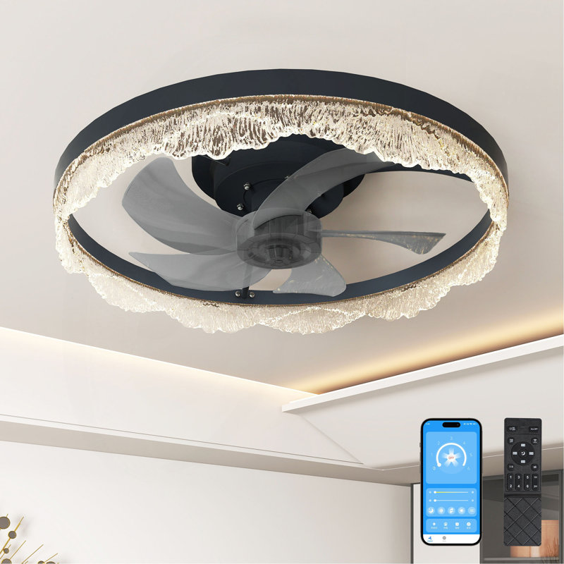 Ventilateur de plafond décoratif à DEL 20 po - Plafonnier encastré moderne avec anneau en acrylique, pales cachées, télécommande et lumière à intensité variable pour les maisons élégantes