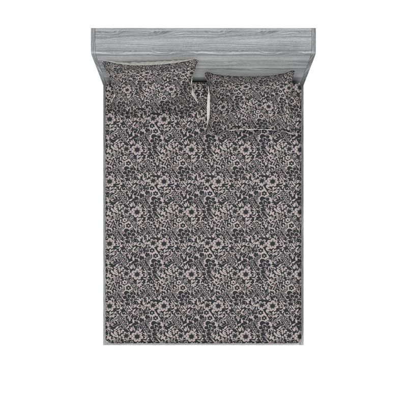 Drap-housse et taies décoratives 3 pièces Ambesonne, Gris pâle, gris anthracite, gris / floral