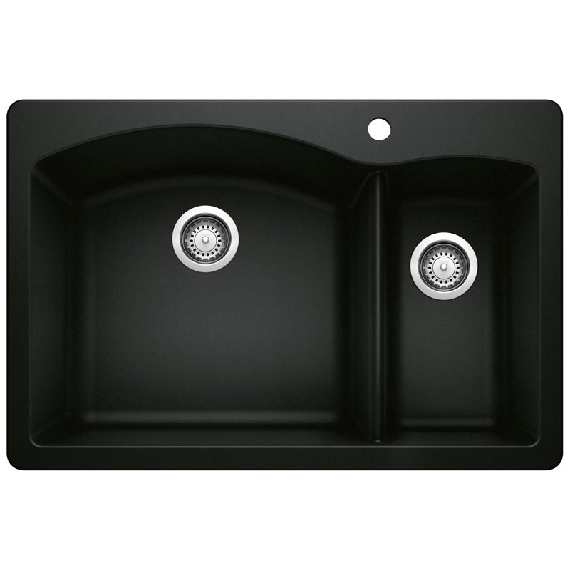 Diamond Silgranit 33" L x 22" W Double Basin Drop-In/Undermount Sink, Coal Black