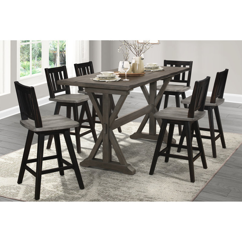 Table de salle à manger à hauteur de comptoir 6, finition grise, construction rectangulaire en bois massif gris, construction, 6 sièges