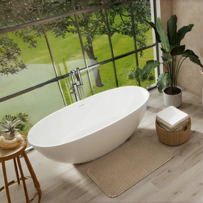 65" Luxury Handcrafted Stone Resin Freestanding Soaking Bathtub with Overflow and Pop-up Drain