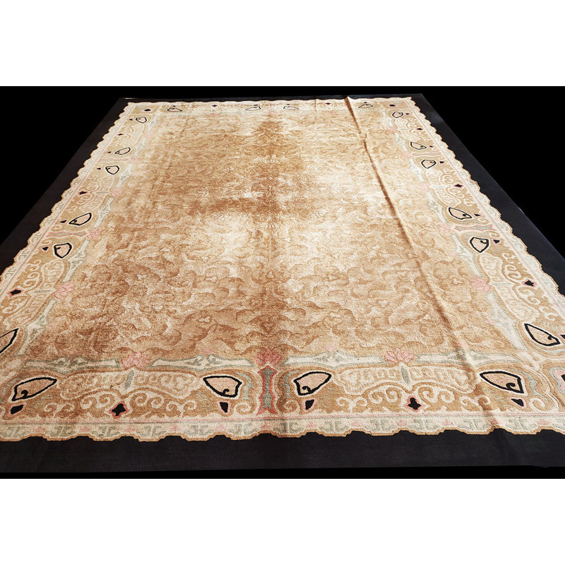Tapis brun antique en laine noué à la main à motif floral terre des années 1920