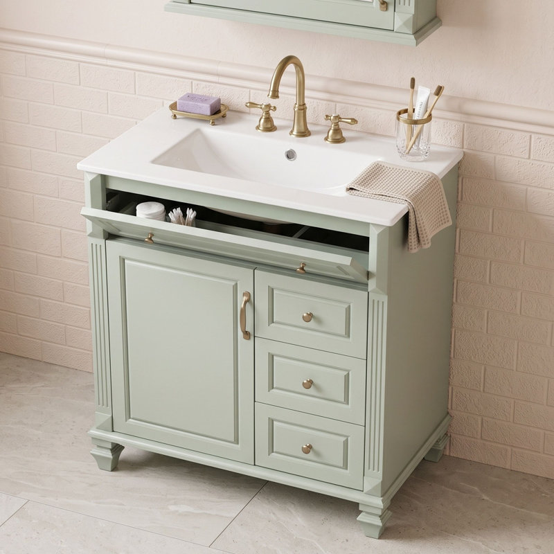Meuble-lavabo autoportant avec lavabo en céramique, tiroir escamotable, tablette réglable et rangement pour porte, Vert