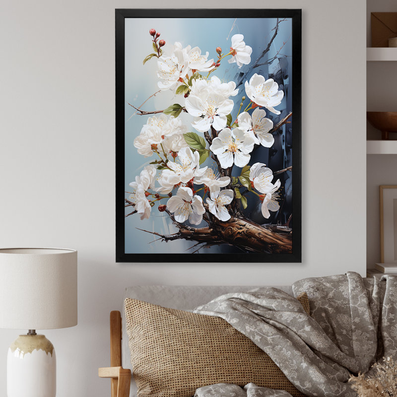Minimalisme, impression sur toile de cerisier blanc et bleu I, Cadre simple noir, H 44 po x l 34 po x P 1,5 po