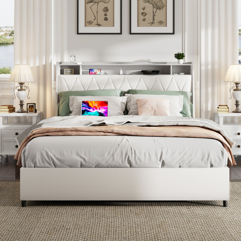Structure de lit pleine grandeur avec tête de lit et prises de courant, métal robuste, rangement, silencieux, aucun sommier nécessaire, tête de lit ergonomique blanche pour chambre à coucher et tablette en métal, ressort, pour