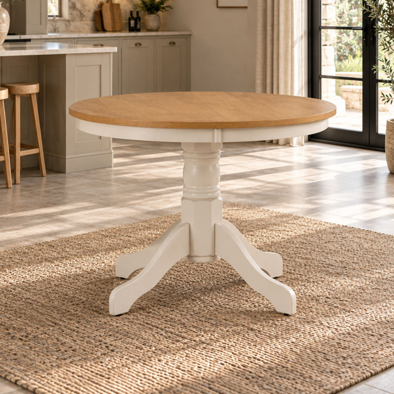 Conklin Rubberwood Round Dining Table with Wood Base, Ivory