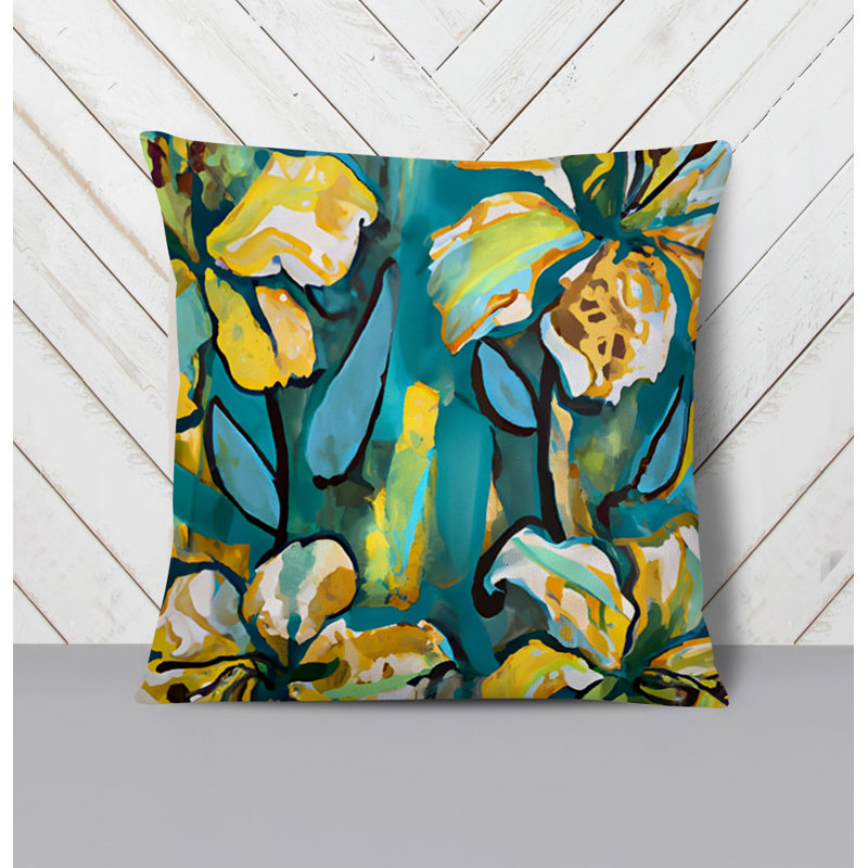 Throw Pillow With Insert, Blue/Yellow Floral/Abstract 2, 18"H x 18"W
