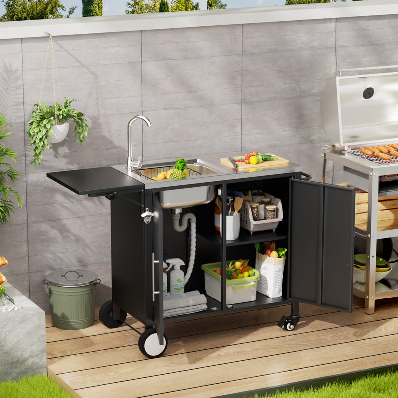 Table de barbecue extérieure avec évier, îlot de cuisine en métal avec plateau pliable et armoire de rangement, chariot à roulettes avec roues pour le jardin, la cour et la pelouse
