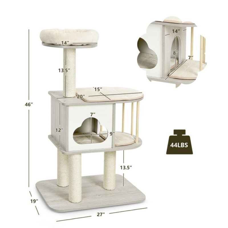 46'' Gray Wooden Cat Tree with Sisal Posts and Cushions