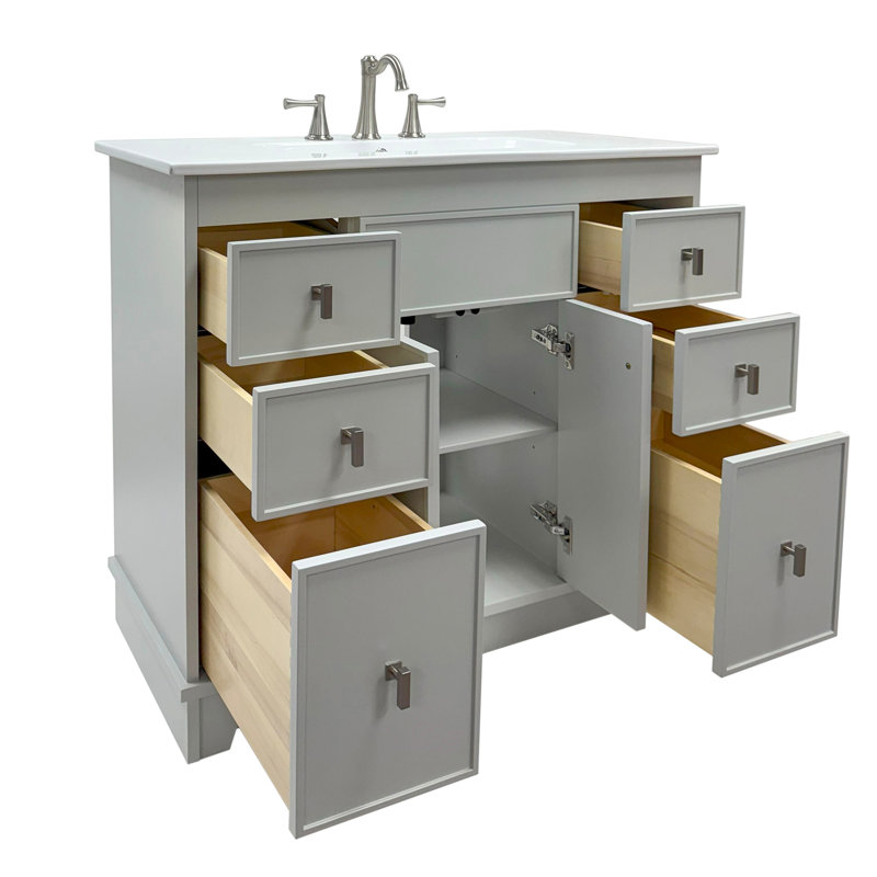 Meuble-lavabo simple 40 po - Finition gris clair avec comptoir en céramique blanche, Gris, Nickel brossé