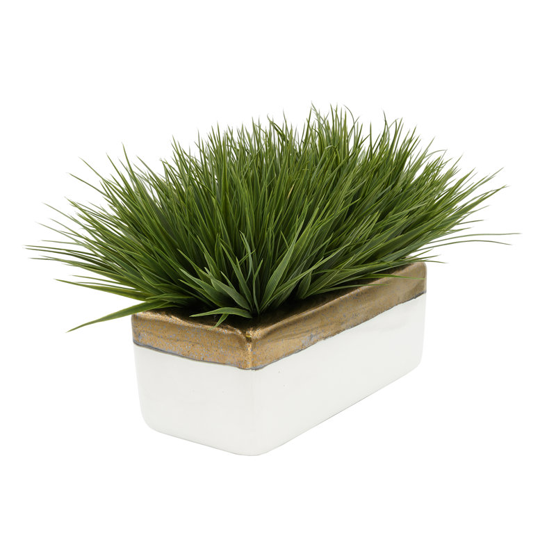 Herbe artificielle en pot de fleurs, Doré / Blanc, Vert foncé, H 13 po x L 20 po x P 13 po