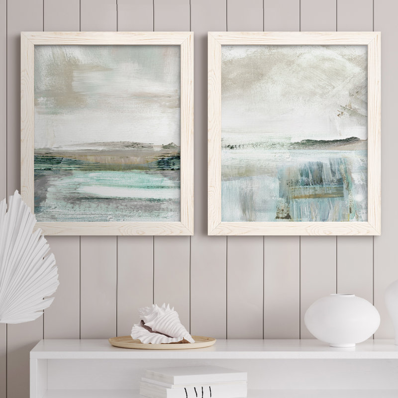 Summer Teal I - ensemble de 2 peintures sur toile encadrées, Encadrement beige, H 24 po x l 36 po x P 1,5 po
