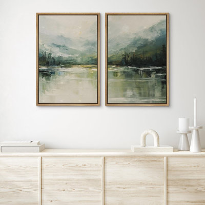 Abstract Green Mountain Range Forest Nature Landscape - Framed Canvas Bedroom Wall Art 2 Piece Print