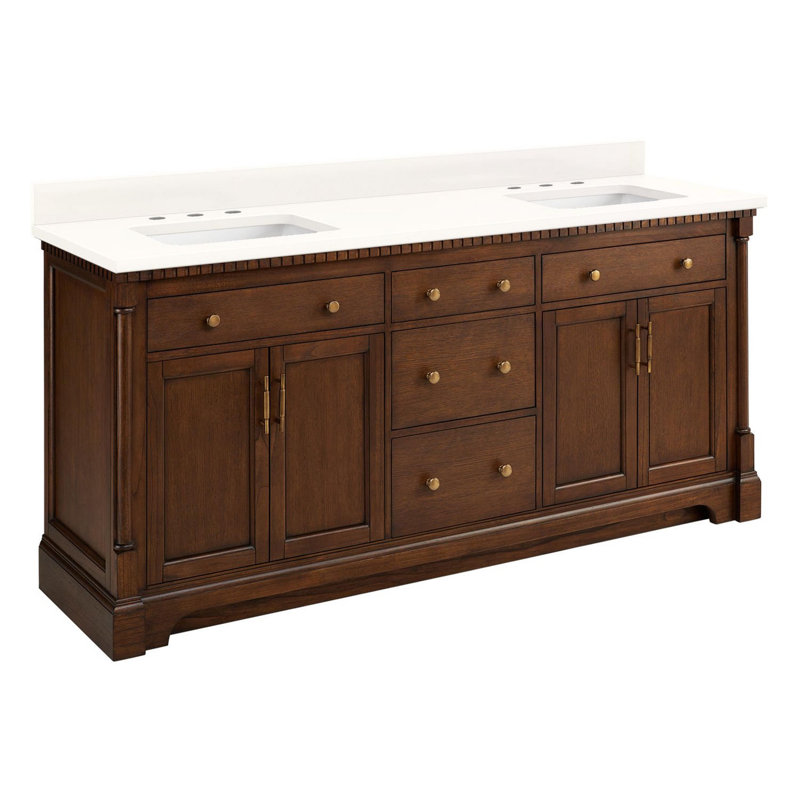 Claudia 72" Freestanding Mahogany Double Basin Vanity Set with Cabinet, Vanity Top, Arctic White Quartz, Antique Coffee