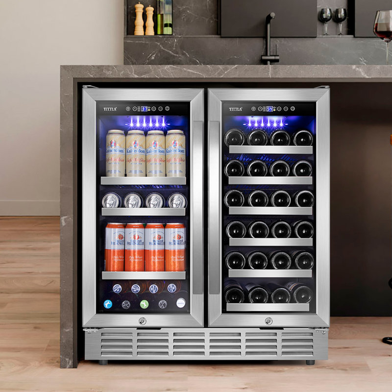 30" Wine and Beverage Refrigerator 33 Bottle & 130 Cans Built-in Wine Cooler with Four Handle Dual Zone