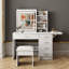Bureau de coiffeuse avec miroir et lumières pour maquillage avec tablettes ouvertes et chaise