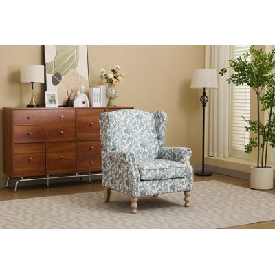 Floral Wing Back Accent Chair with Solid Wood Legs