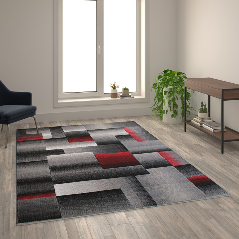 Tapis intérieur rouge et gris à motif géométrique de style moderne Abbie-May, Rectangle 5 pi x 7 pi