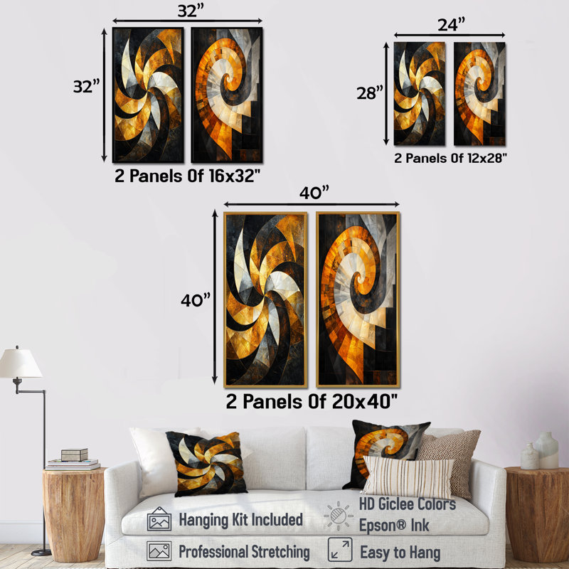 Vortex jaune de Sophistication I - ensemble de 2 pièces d'art abstrait, Toile tendue, H 28 po x l 24 po