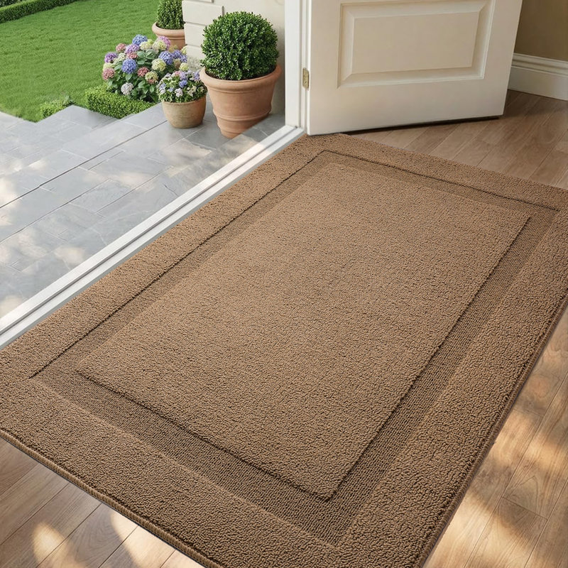 Geometrical Indoor Outdoor Doormat,Machine Washable Low Profile Non-Slip Rug for Front Back Door,Entry, 15" W x 24" L, Brown