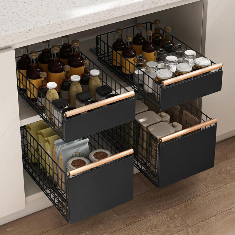 Black 2 Pack Pull Out Cabinet Organiser, Deeper Slide out Drawers Metal Kitchen Pullout Drawers 40 x 24 x 20 cm, Matte Black