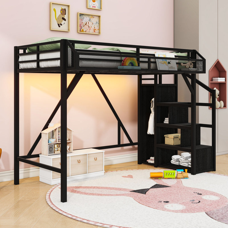 Metal Loft Bed with Storage Stairs and Shelves and Wardrobe, Black, Extra Long Twin