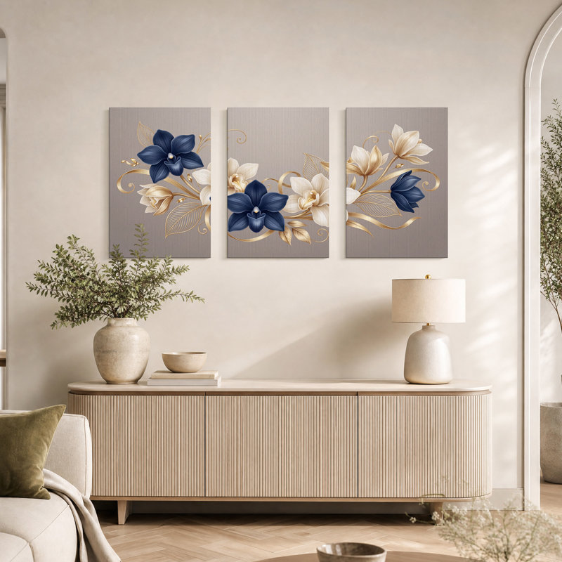 Ensemble de 3 toiles orchidées bleu marine et crème avec feuilles dorées, H 36 po x l 24 po x 3 pièces