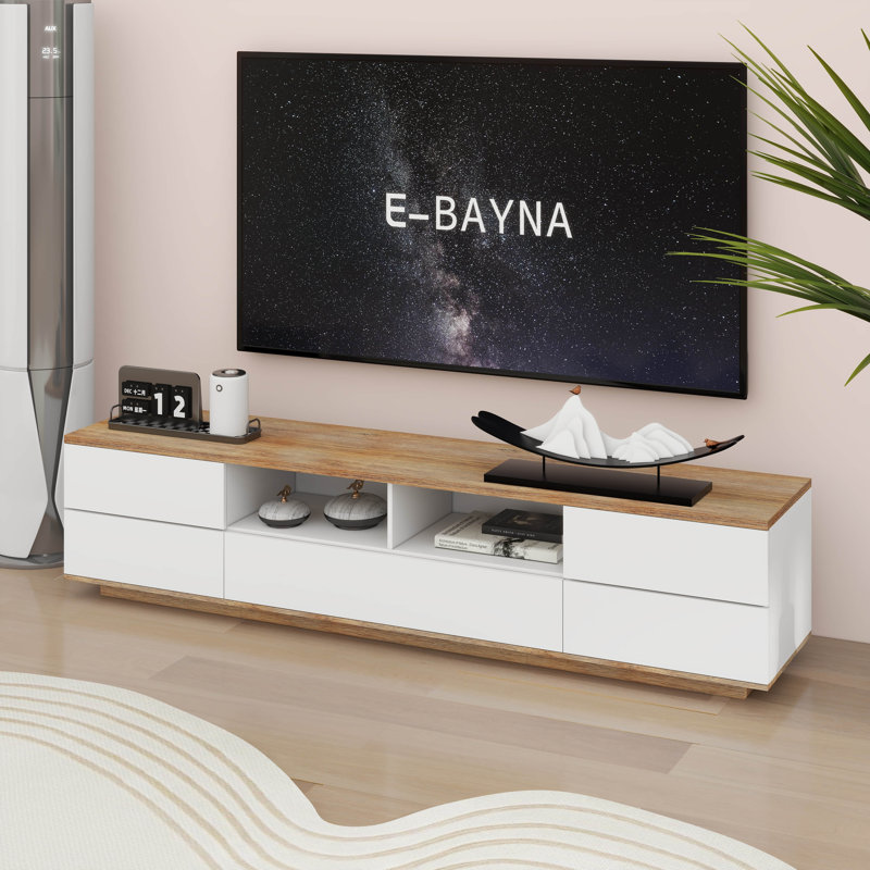 Meuble télé moderne, console multimédia avec rangement multifonctionnel, Blanc/naturel