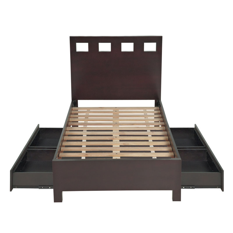 Lit standard en bois massif avec rangement Dornof, Lit double