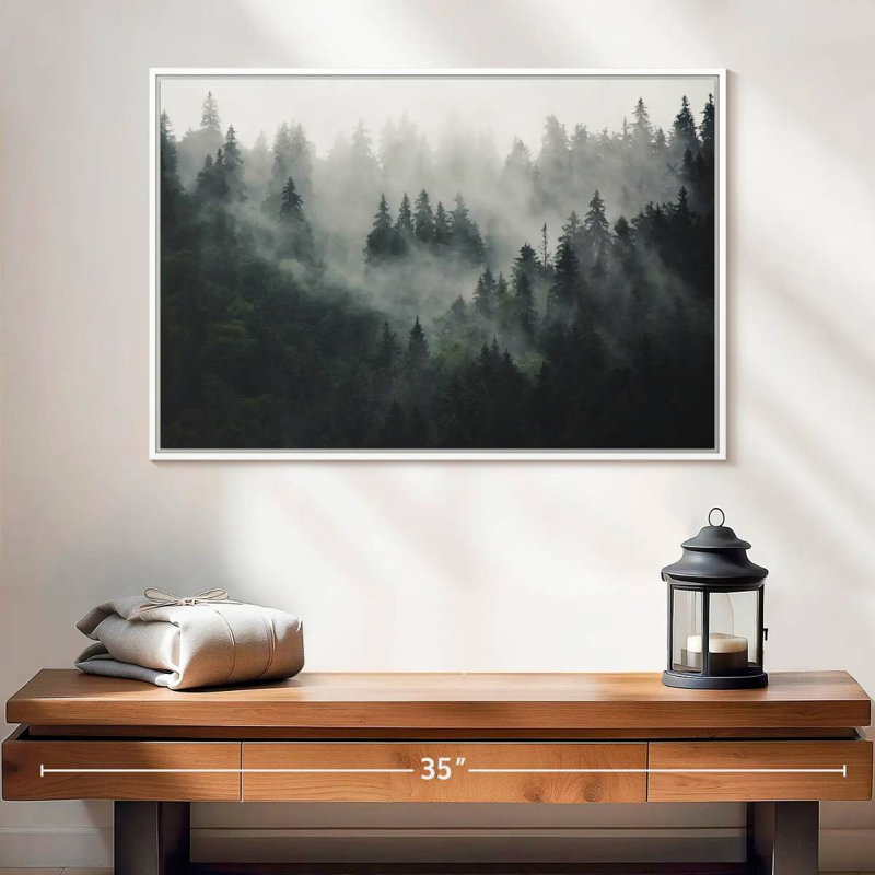 Misty Forest Mountain, Cadre flottant blanc, 25 po x 17 po