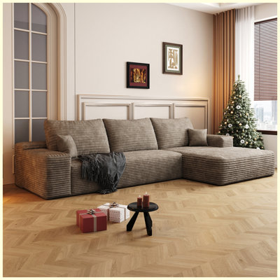 107" Camel L-Shaped Cloud Sectional Couch with Chaise, Plush Corduroy Fabric, No Assembly Required
