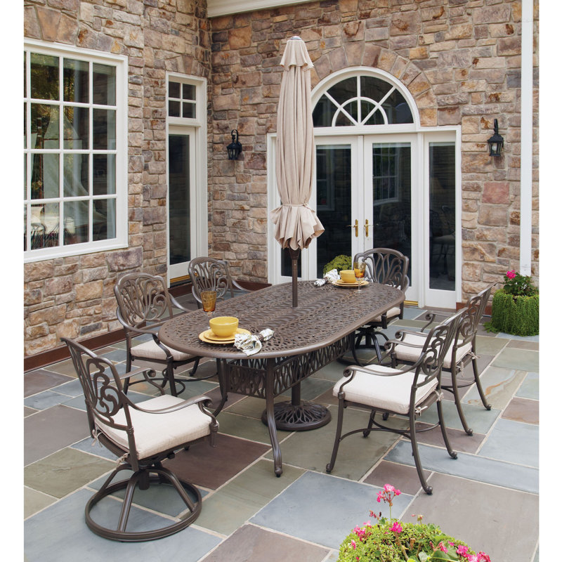 Yates Oval Metal Outdoor Dining Table With Umbrella Hole , 84'' in. W 42'' in. D, Taupe