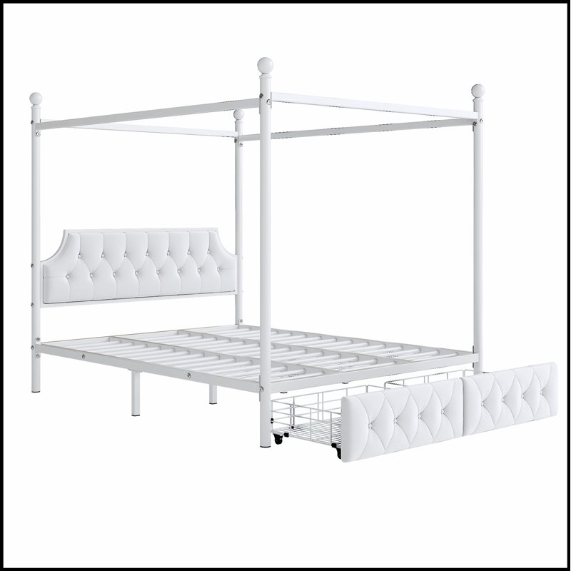 Lit plateforme à baldaquin en métal avec tête de lit tapissier et deux tiroirs de rangement pour un sommeil élégant et fonctionnel