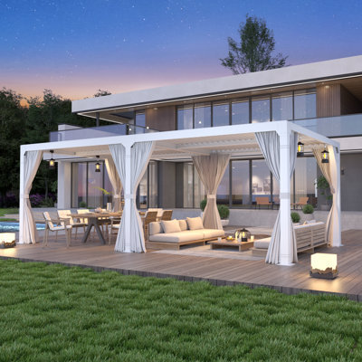 Erommy 12' x 24' Louvered Pergola with Adjustable Waterproof Roof, Aluminum Outdoor Gazebo with Curtains for Patio, Deck & Hot Tub, White