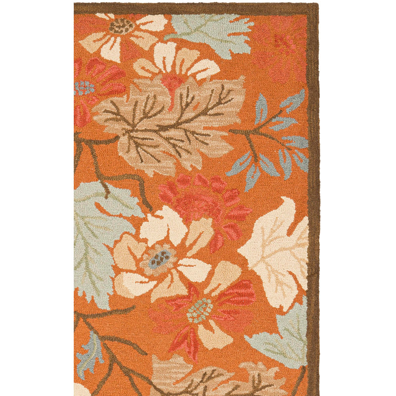 Emrick Hand Hooked Wool/Cotton/Latex Floral Rug in Orange, Square 6'