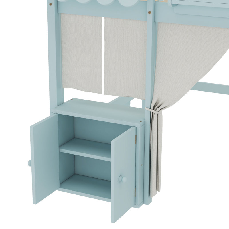 Lit mezzanine en bois massif avec tablettes et rideaux Kids, Complète, Bleu