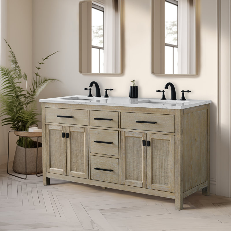 Meuble-lavabo double 60 po avec plateau en pierre Marquist,  Essence de sapin clair