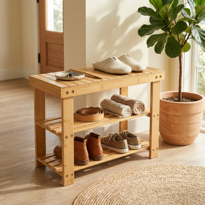 Étagère à chaussures en bambou naturel 6-9 paires de chaussures, rangement et banc à chaussures à 3 niveaux multifonctionnels, rangement peu encombrant