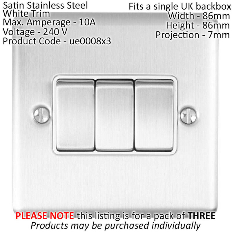 3 PACK 3 Gang Triple Metal Light Switch SATIN STEEL 2 Way 10A Black Trim, Satin, Silver/White