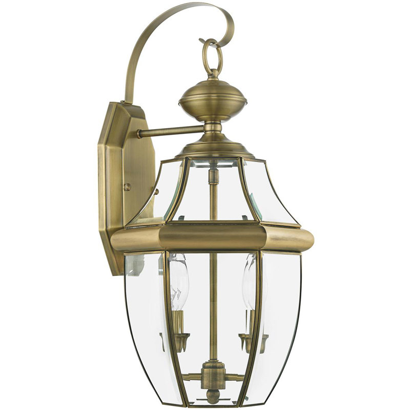 Antique Brass 10.5in Colonial Outdoor Wall Lantern with Beveled Glass