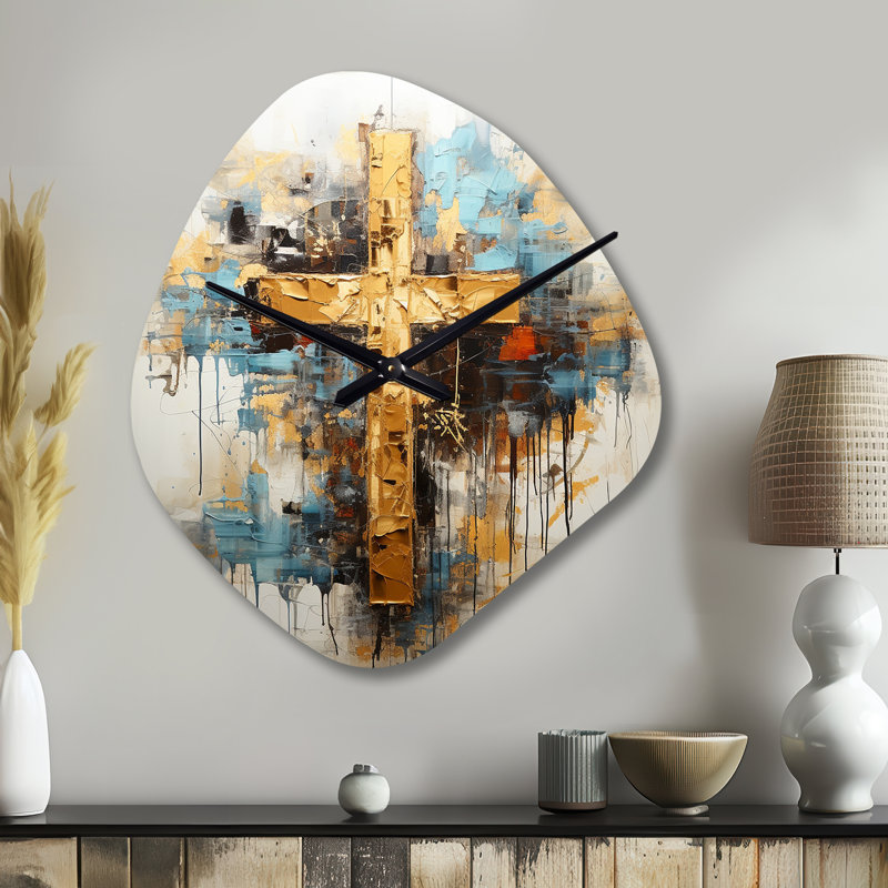 Divine Love Religious Cross III - Unique Shape Landscape Metal Wall Clock, Gold Wall Clock Print, Grand