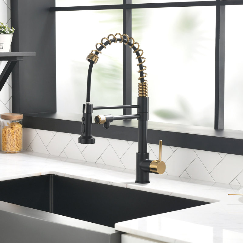 FLG Pull Down Kitchen Faucet, Black/Brushed Gold