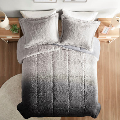 Full/Queen Grey Ombre Shaggy Comforter With Warm Reverse, Soft Luxury