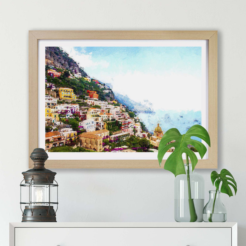 Positano On The Almalfi Coast In Italy - Single Picture Frame Painting, 33cm H x 45cm W x 2cm D, Oak